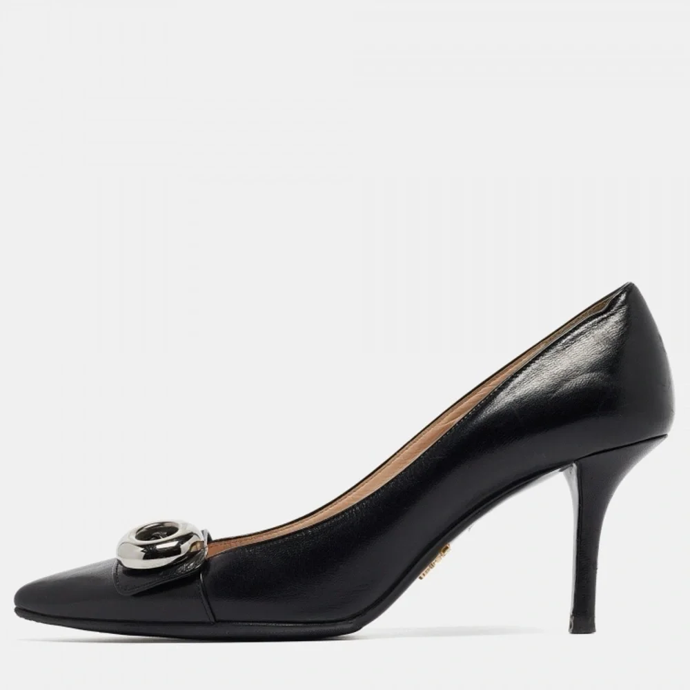 PRADA Black Leather Pointed Toe Button Accent Pumps Heels Shoes Size 38